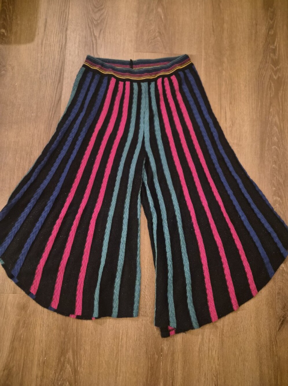 Farm Rio Knit Wide-Leg Knit Pants with Pink & Teal Stripes Medium